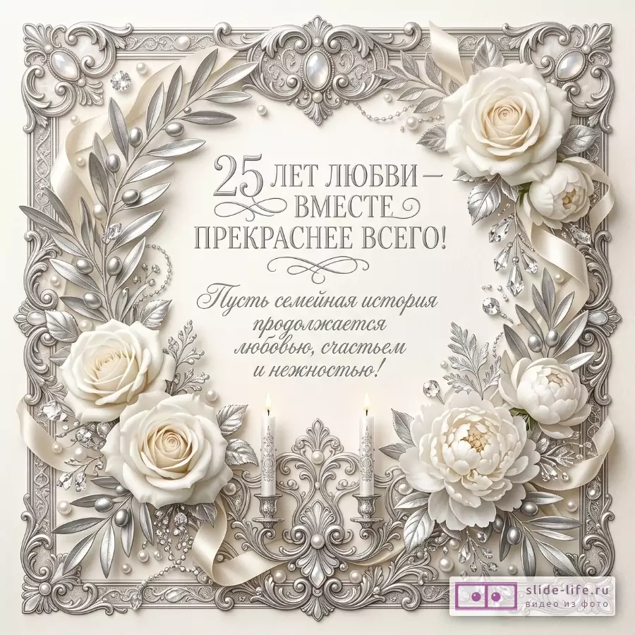 Кремовый фон, серебряная рамка, белые розы, свечи. Текст: «25 лет любви — вместе прекраснее всего! Пусть семейная история продолжается любовью, счастьем и нежностью!»