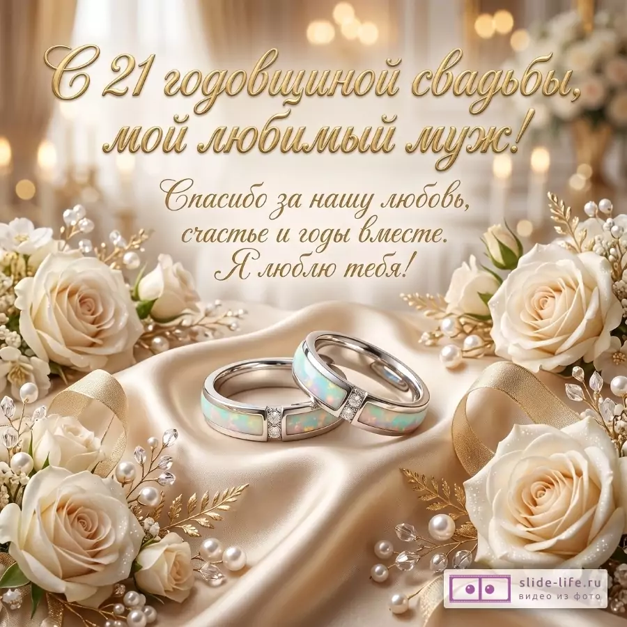 Бежево-золотистый фон, белые розы, жемчуг, золотые веточки, ленты и два кольца с опалом. Текст: «С 21 годовщиной свадьбы, мой любимый муж! Спасибо за нашу любовь, счастье и годы вместе. Я люблю тебя!»