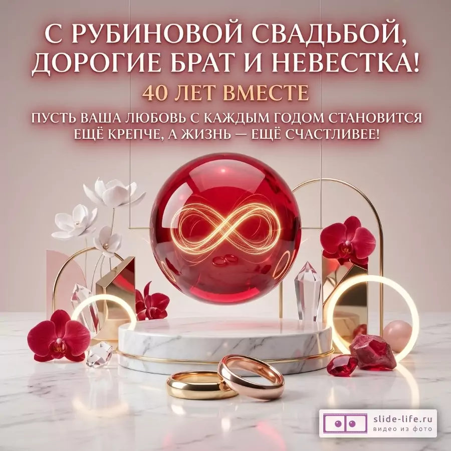 Бежево-розовый фон, рубиновая сфера, цветы, кольца, кристаллы, мраморный подиум. Текст: «С РУБИНОВОЙ СВАДЬБОЙ, ДОРОГИЕ БРАТ И НЕВЕСТКА! 40 ЛЕТ ВМЕСТЕ ПУСТЬ ВАША ЛЮБОВЬ С КАЖДЫМ ГОДОМ СТАНОВИТСЯ ЕЩЁ КРЕПЧЕ, А ЖИЗНЬ — ЕЩЁ СЧАСТЛИВЕЕ!»