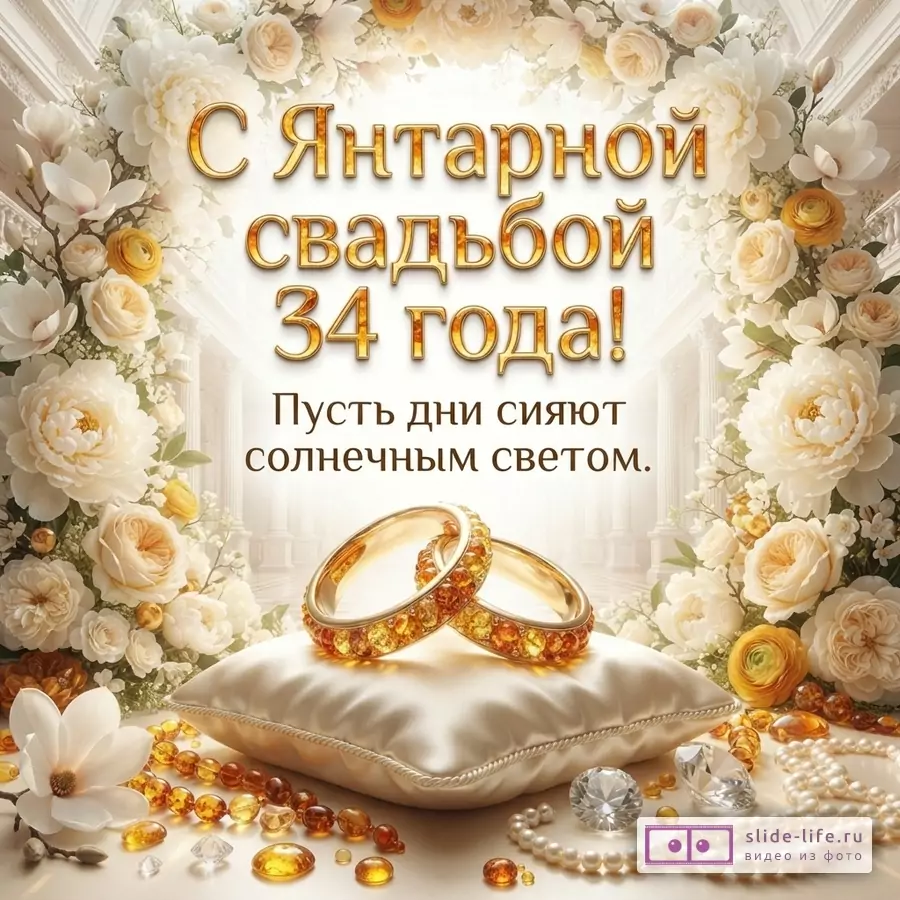 Фон светлый, бежевый. По краям рамка из белых и кремовых цветов. В центре надпись золотыми буквами «С Янтарной свадьбой 34 года! Пусть дни сияют солнечным светом.». Внизу на бежевой подушке два золотых кольца с янтарными камнями, янтарные бусы, жемчужные бусы и бриллианты.
