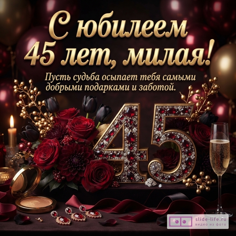 Открытка с бордовым фоном, золотыми шарами и цветами. В центре золотые цифры «45» с красными и белыми камнями. Текст: «С юбилеем 45 лет, милая! Пусть судьба осыпает тебя самыми добрыми подарками и заботой.»