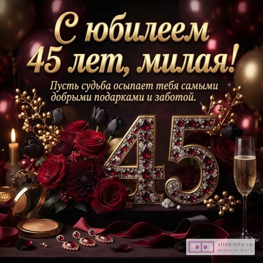 Открытка с бордовым фоном, золотыми шарами и цветами. В центре золотые цифры «45» с красными и белыми камнями. Текст: «С юбилеем 45 лет, милая! Пусть судьба осыпает тебя самыми добрыми подарками и заботой.»