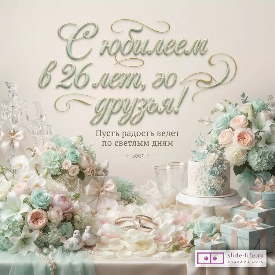 Бежевый фон, объемная надпись «С юбилеем в 26 лет, друзья!», ниже текст «Пусть радость ведет по светлым дням», цветы, бокалы, свеча и подарки.