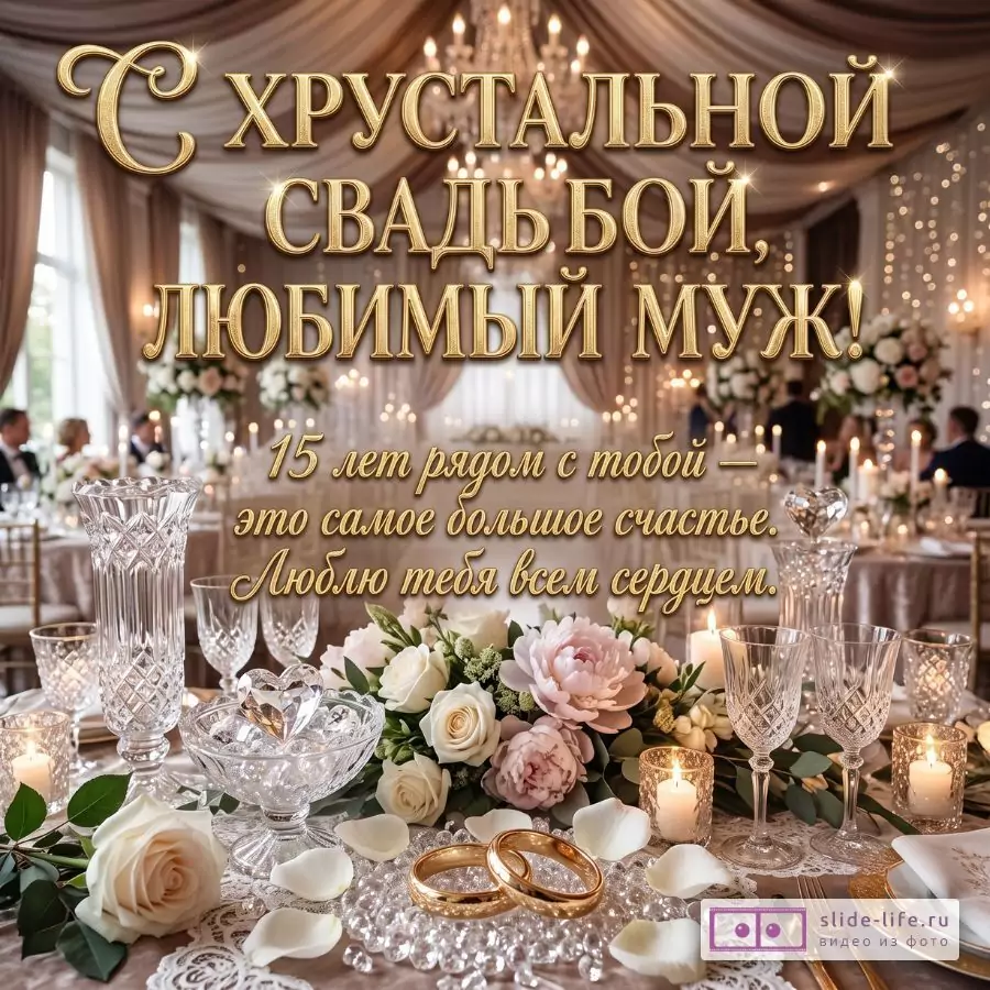 С хрустальной свадьбой 15 лет! Открытка любимому мужу с годовщиной свадьбы и теплыми пожеланиями
