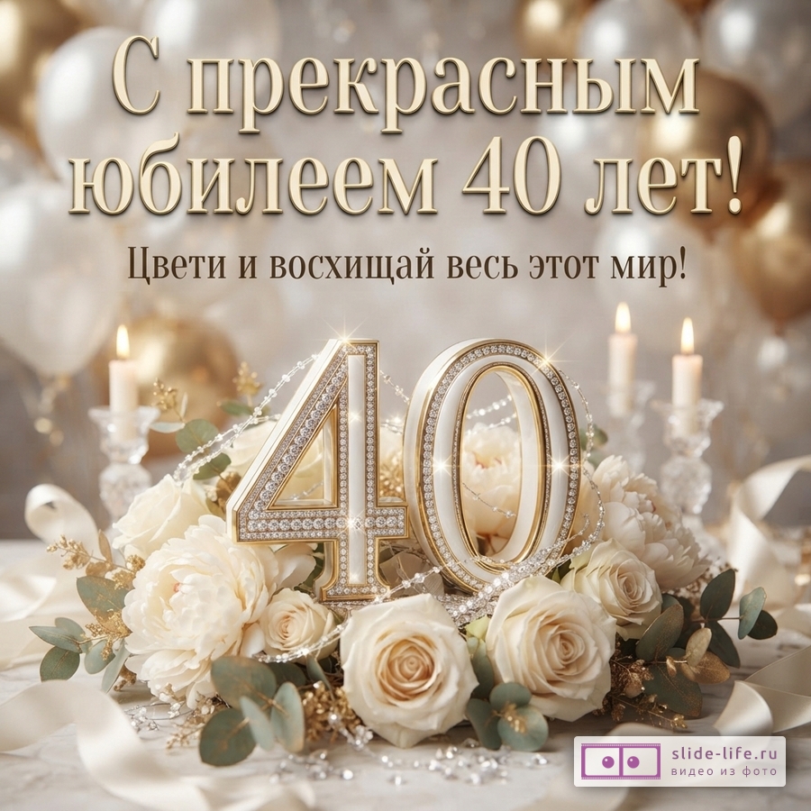 Открытка с бежевым фоном, золотыми и белыми шарами. В центре композиция из белых роз, свечей и цифр «40» с кристаллами. Текст: «С прекрасным юбилеем 40 лет! Цвети и восхищай весь этот мир!»