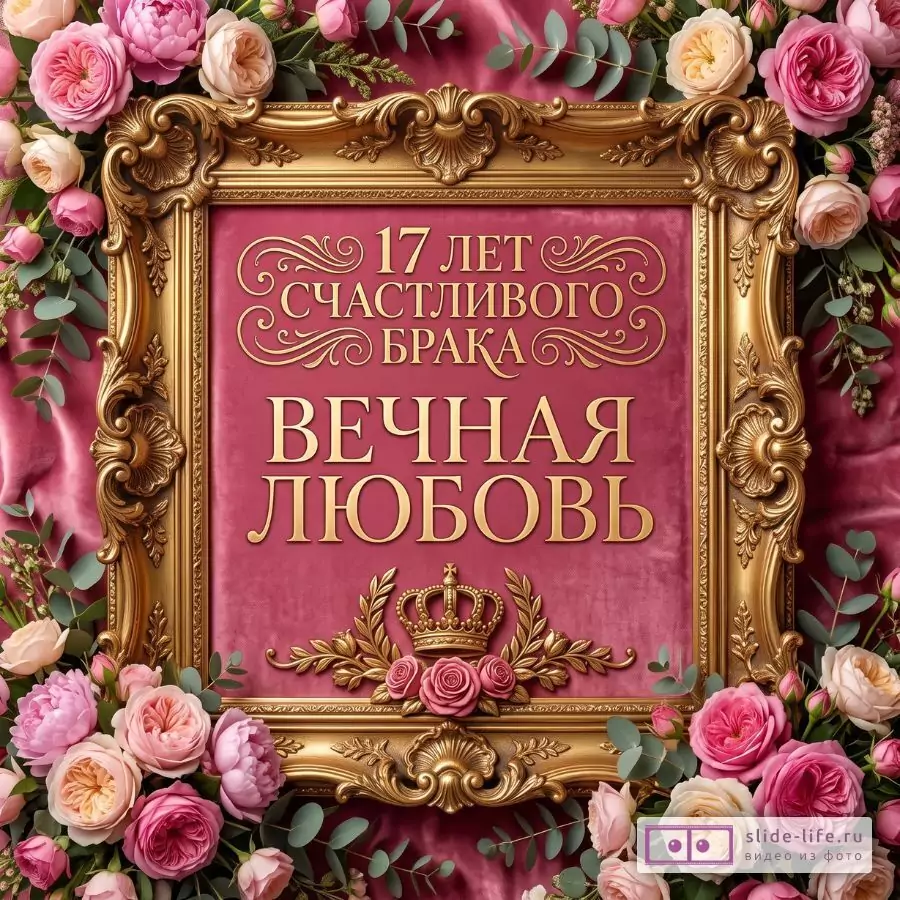Розовый фон, золотая резная рамка, розы и зелень, текст «17 лет счастливого брака» и «Вечная любовь», корона с цветами.