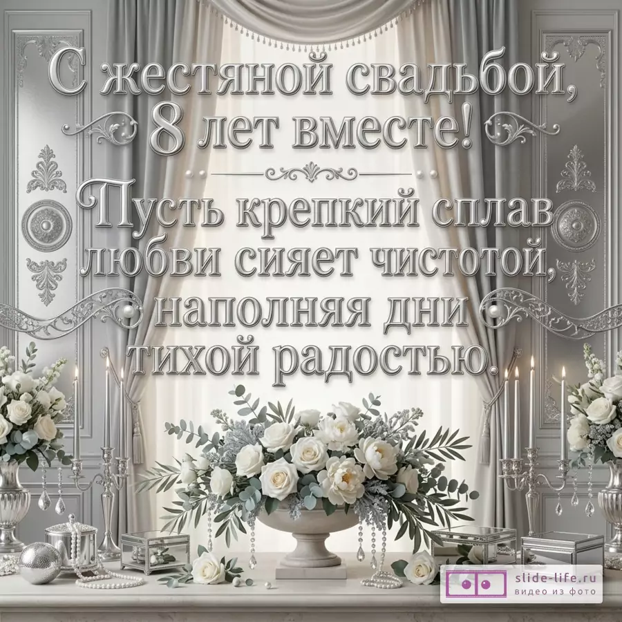 Открытка на жестяную свадьбу 8 лет про крепкий сплав любви