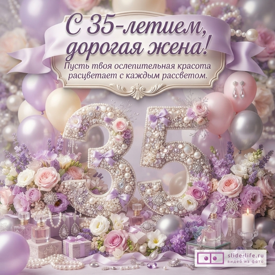 Открытка с юбилеем 35 лет жене. Фон сиреневый, фиолетовый, розовый. В центре надпись «С 35-летием, дорогая жена! Пусть твоя ослепительная красота расцветает с каждым рассветом.». Цифры 35 из жемчуга и цветов. Вокруг цветы, жемчуг, шары, подарки, духи.