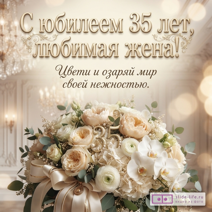 Букет бежевых и белых цветов с цифрой «35» на фоне размытого интерьера. Текст: «С юбилеем 35 лет, любимая жена! Цвети и озаряй мир своей нежностью.»