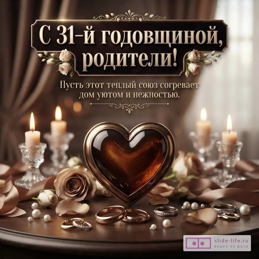 Темный фон, декоративная табличка с текстом «С 31-й годовщиной, родители! Пусть этот теплый союз согревает дом уютом и нежностью.», свечи, розы, кольца, сердечко