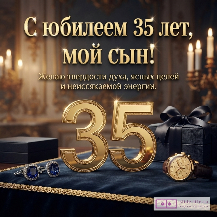 Темный интерьер со свечами, золотыми цифрами 35, черными подарочными коробками, часами и запонками. Текст: «С юбилеем 35 лет, мой сын! Желаю твердости духа, ясных целей и неиссякаемой энергии.»