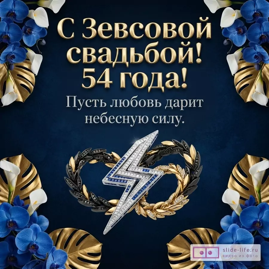 Темно-синий фон, золотые листья монстеры, синие орхидеи, белые каллы. Надпись «С Зевсовой свадьбой! 54 года! Пусть любовь дарит небесную силу.»
