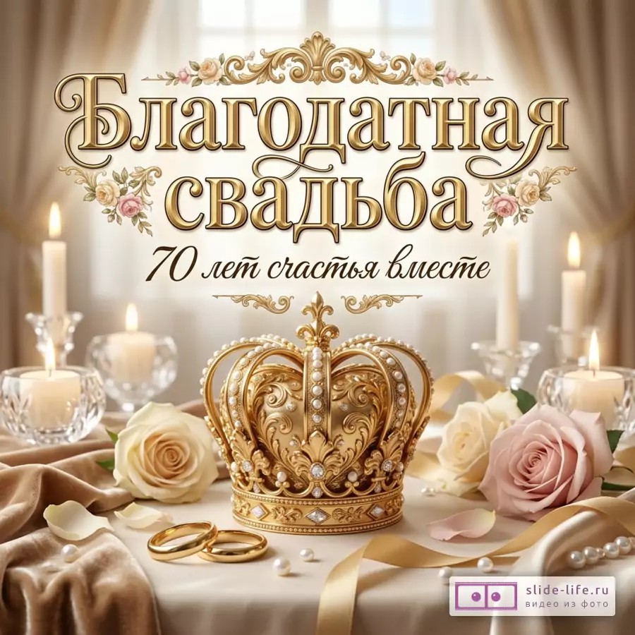 Золотая корона с жемчугом, обручальные кольца, свечи, белые и розовые розы на светлом бежево-золотом фоне, текст «Благодатная свадьба 70 лет счастья вместе»