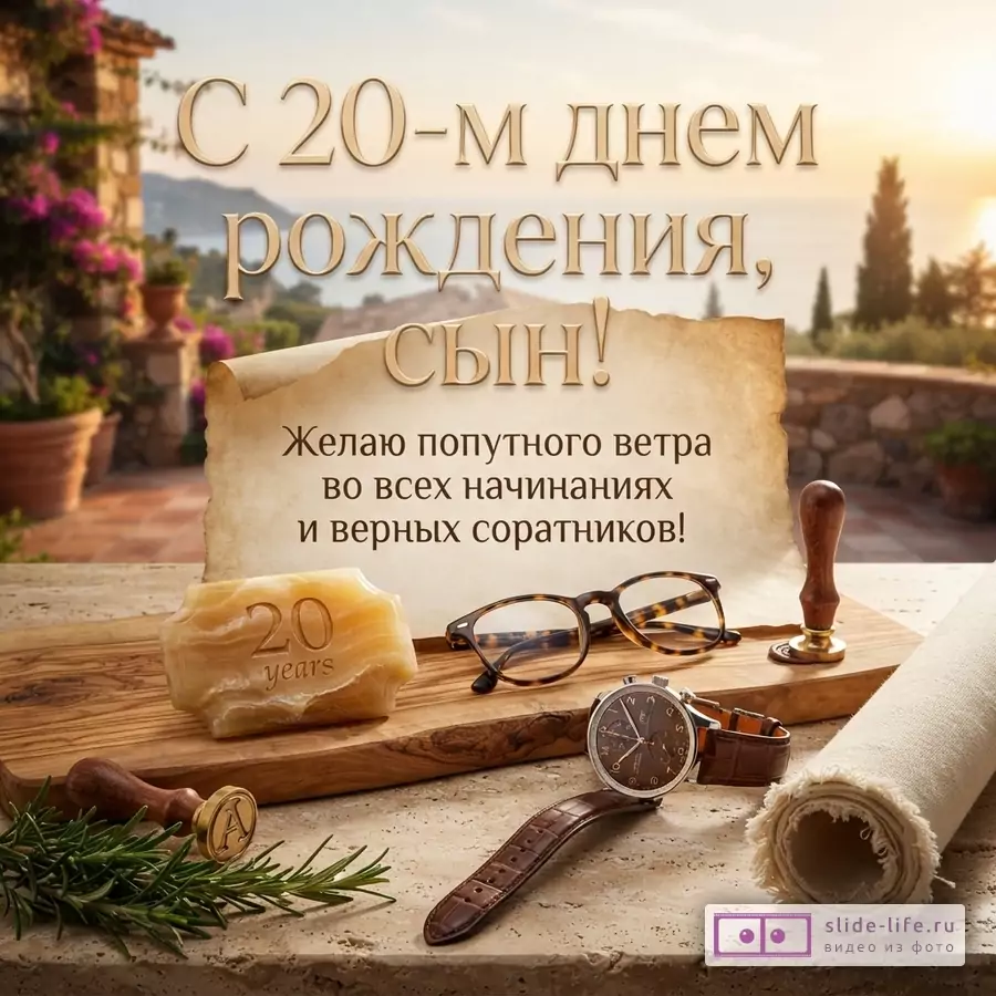 Пергамент, наручные часы, очки и сургучная печать на деревянной доске с надписью «С 20-м днем рождения, сын! Желаю попутного ветра во всех начинаниях и верных соратников!» на фоне средиземноморского пейзажа.