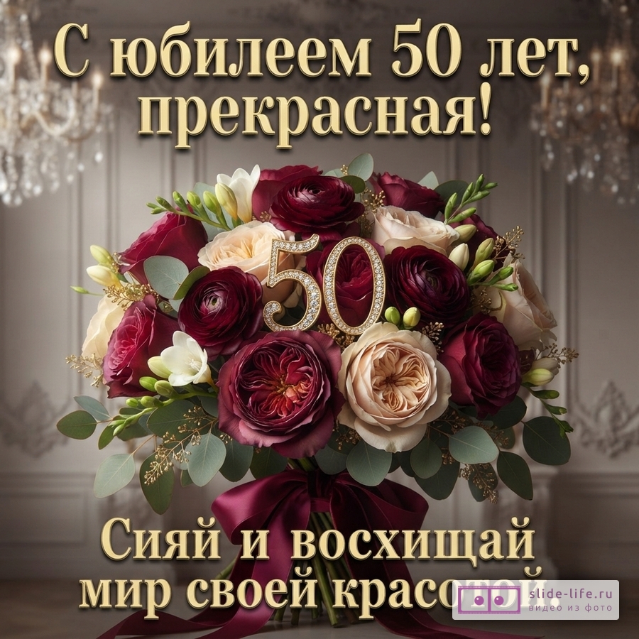 Открытка с букетом бордовых и бежевых роз, зеленью, на фоне люстры. В центре букета золотые цифры «50» с камнями. Текст «С юбилеем 50 лет, прекрасная!» и «Сияй и восхищай мир своей красотой.»