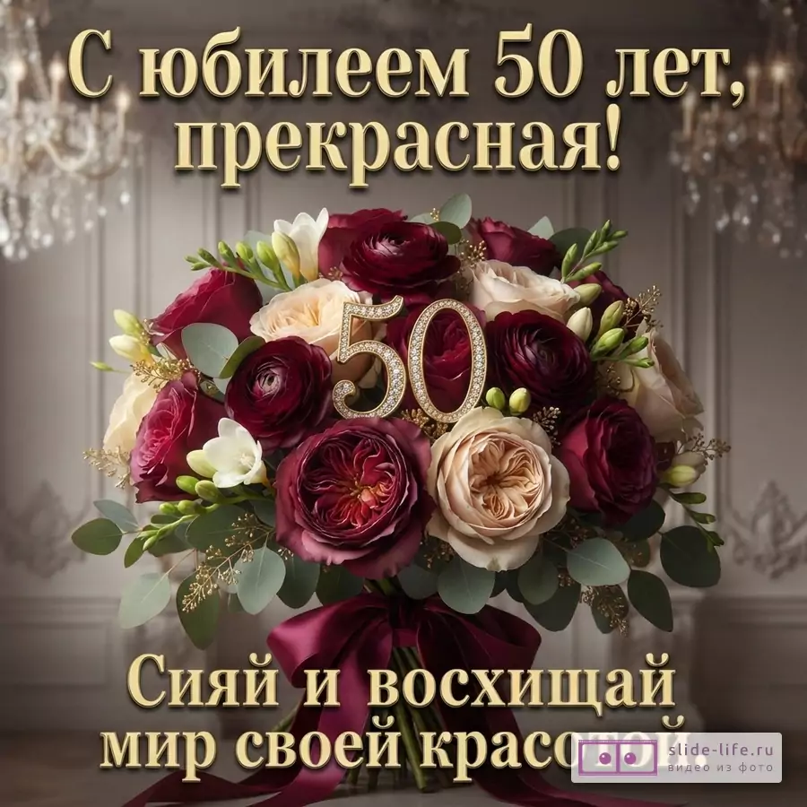 Открытка с букетом бордовых и бежевых роз, зеленью, на фоне люстры. В центре букета золотые цифры «50» с камнями. Текст «С юбилеем 50 лет, прекрасная!» и «Сияй и восхищай мир своей красотой.»