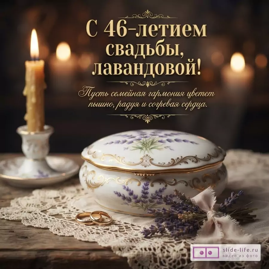 Открытка с лавандовой свадьбой на темном фоне. Свеча, шкатулка с лавандой, обручальные кольца, букет лаванды. Текст: «С 46-летием свадьбы, лавандовой! Пусть семейная гармония цветет пышно, радуя и согревая сердца.»