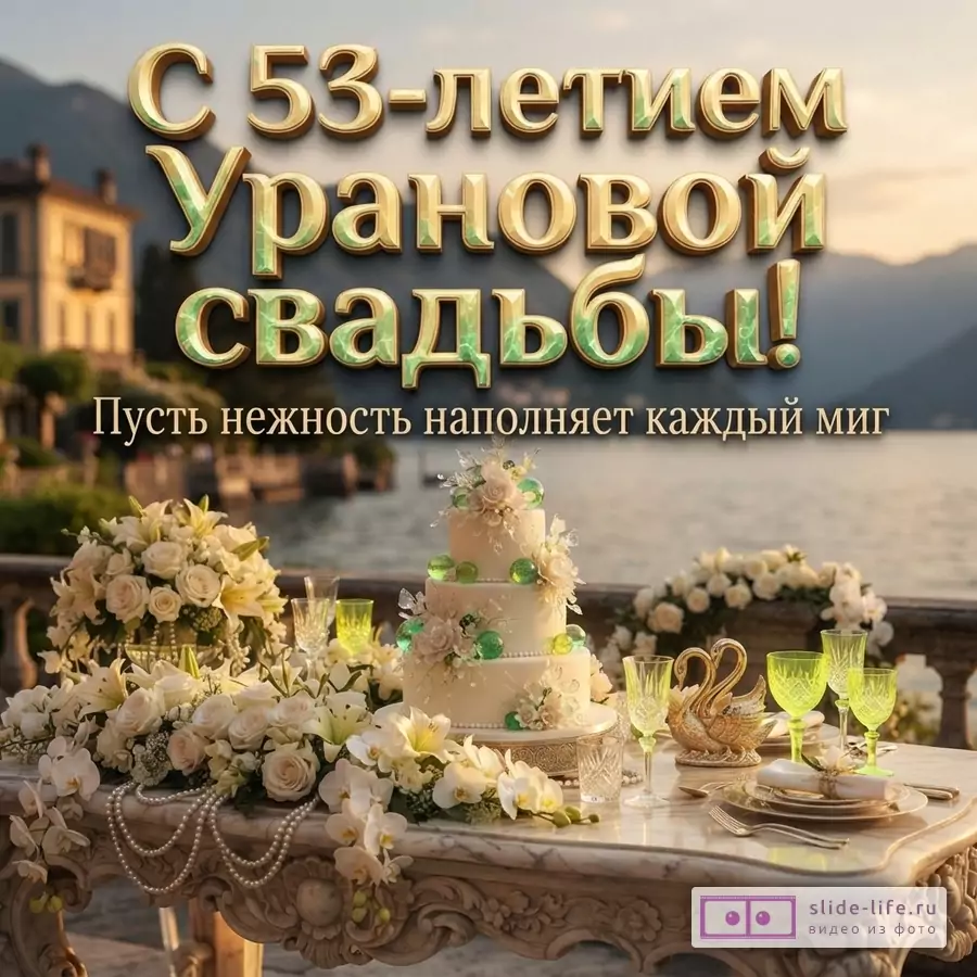 Открытка с золотыми буквами на фоне озера и гор. На переднем плане праздничный стол с белым тортом, цветами и посудой. Текст: «С 53-летием Урановой свадьбы! Пусть нежность наполняет каждый миг»