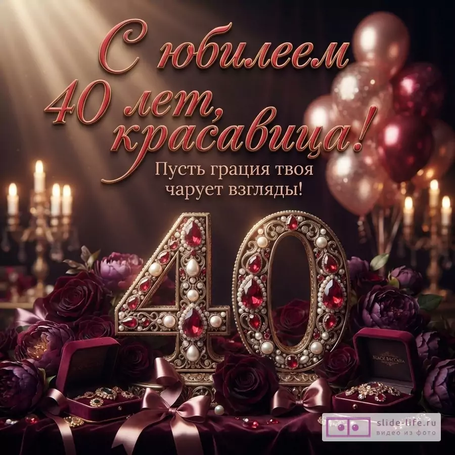 Открытка с юбилеем 40 лет женщине. Фон темно-коричневый, сверху лучи света, снизу бордовая драпировка. Сверху справа связка воздушных шаров. Слева и справа горящие свечи в канделябрах. В центре крупные цифры «40» из золота, украшенные жемчугом и рубинами. Вокруг цифр бордовые розы и пионы. Слева и справа открытые бархатные шкатулки с украшениями. Текст «С юбилеем 40 лет, красавица! Пусть грация твоя чарует взгляды!»
