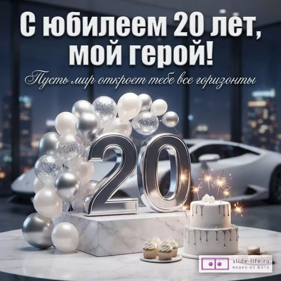 Объемная серебряная цифра 20, торт со свечами-бенгальскими огнями, белые шары и спорткар с текстом «С юбилеем 20 лет, мой герой! Пусть мир откроет тебе все горизонты».