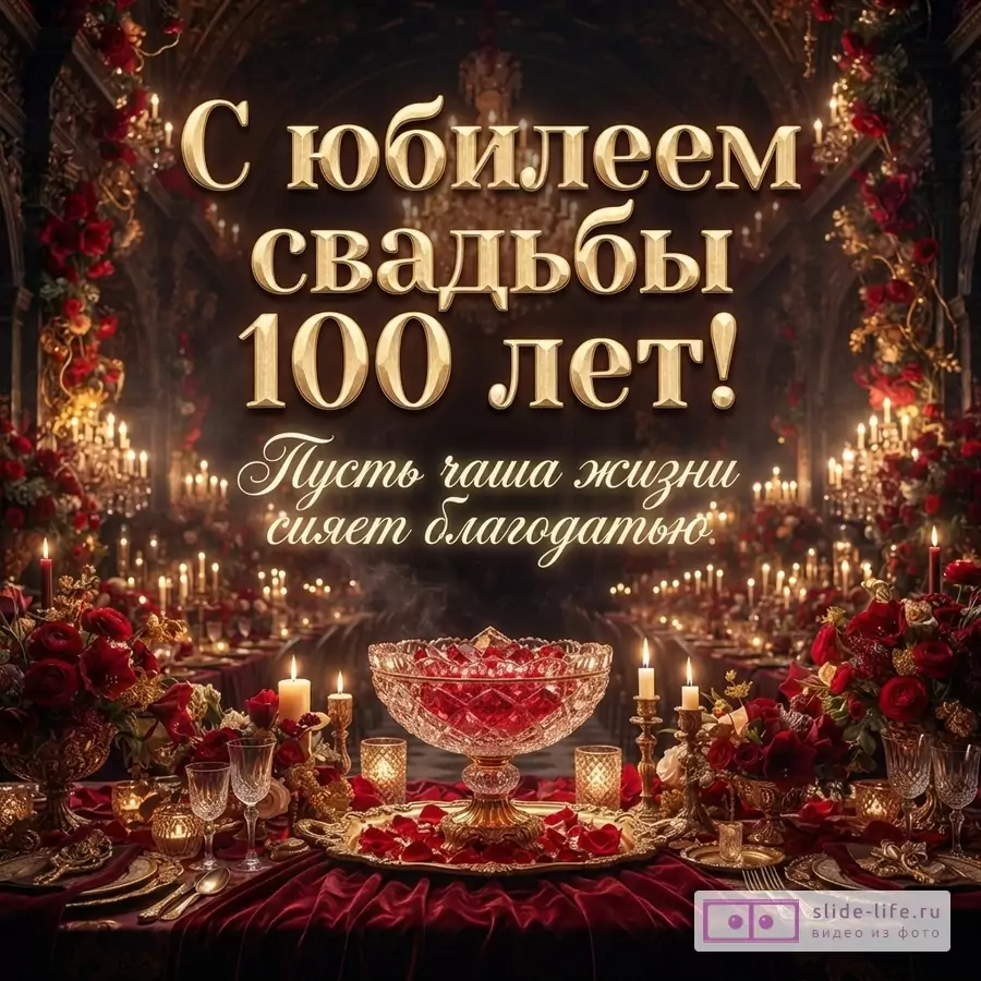 Банкетный зал со свечами, хрустальная ваза с рубинами и красные розы с надписью «С юбилеем свадьбы 100 лет! Пусть чаша жизни сияет благодатью.»