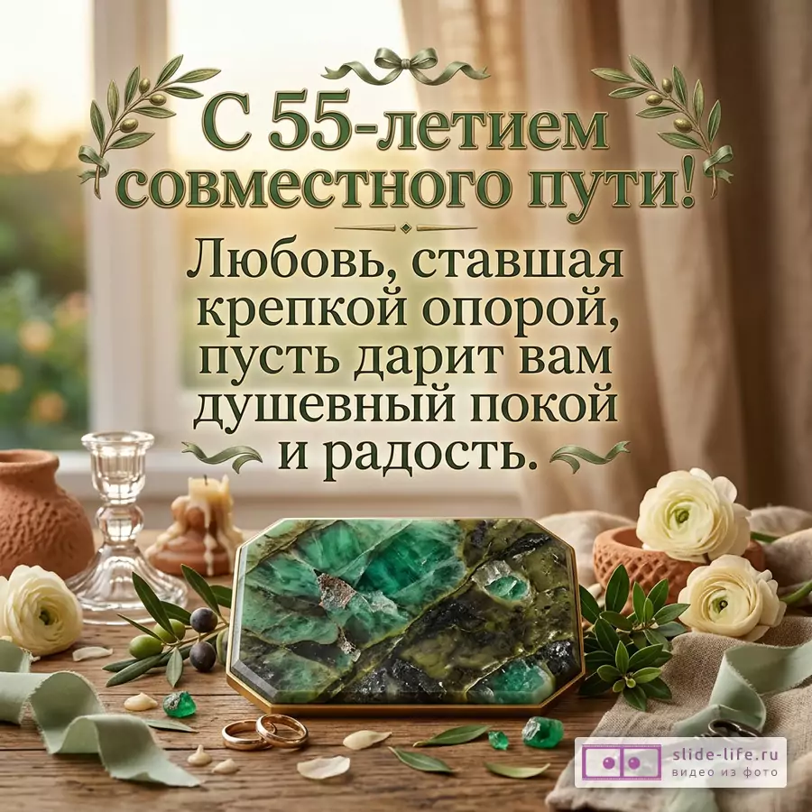 Открытка с текстом «С 55-летием совместного пути! Любовь, ставшая крепкой опорой, пусть дарит вам душевный покой и радость.», бежевый фон, зеленые ветви, ленты, свечи, кольца, белые цветы, ключ, шкатулка из зеленого камня