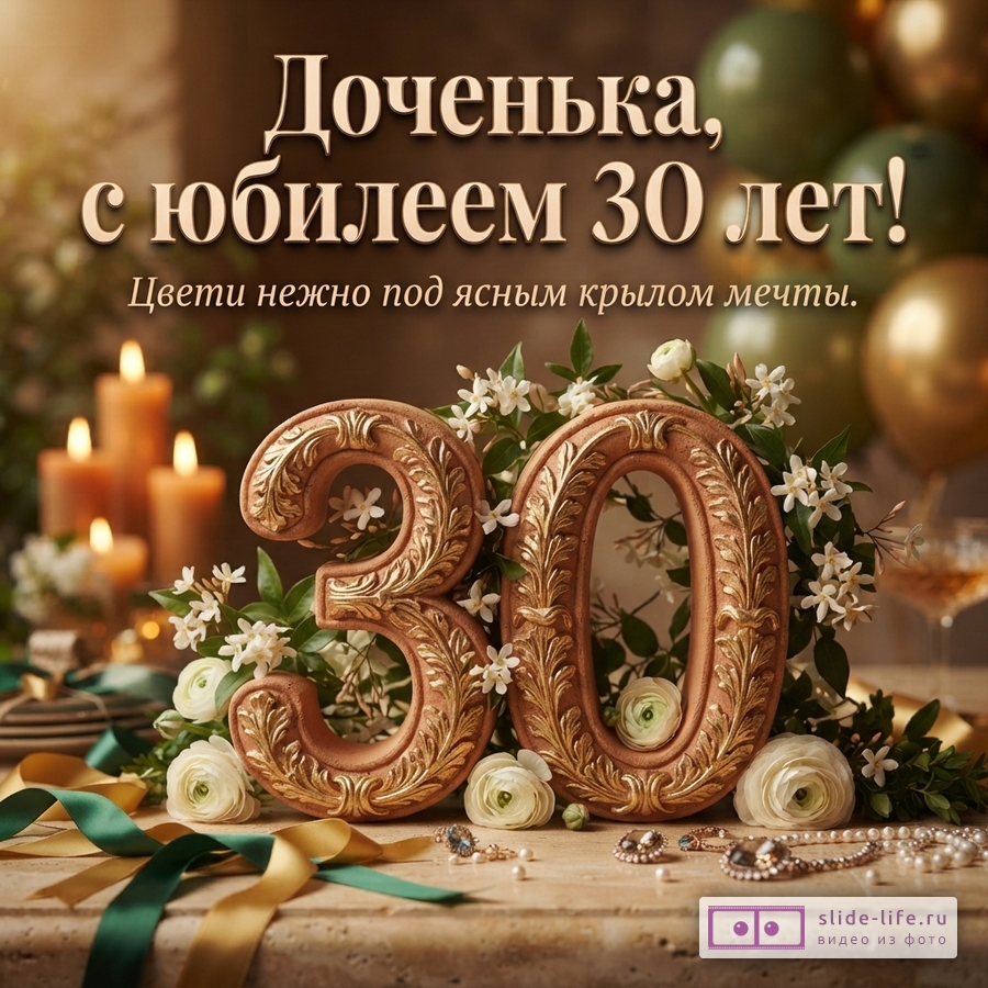Объемная цифра 30 с золотым орнаментом в окружении белых цветов, свечей и шаров с надписью «Доченька, с юбилеем 30 лет! Цвети нежно под ясным крылом мечты.»