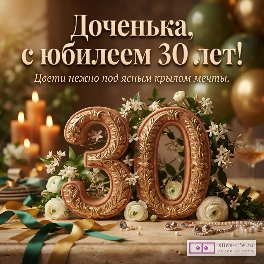 Объемная цифра 30 с золотым орнаментом в окружении белых цветов, свечей и шаров с надписью «Доченька, с юбилеем 30 лет! Цвети нежно под ясным крылом мечты.»