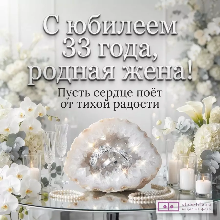 Белый фон, белые цветы, свечи, два бокала, жемчужные бусы. В центре два обручальных кольца в жеоде. Текст: «С юбилеем 33 года, родная жена! Пусть сердце поёт от тихой радости»