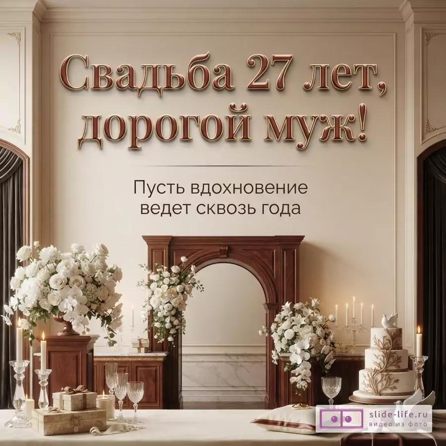 Открытка на бежевом фоне с текстом «Свадьба 27 лет, дорогой муж! Пусть вдохновение ведет сквозь года». Внизу столик с цветами, свечами и тортом.