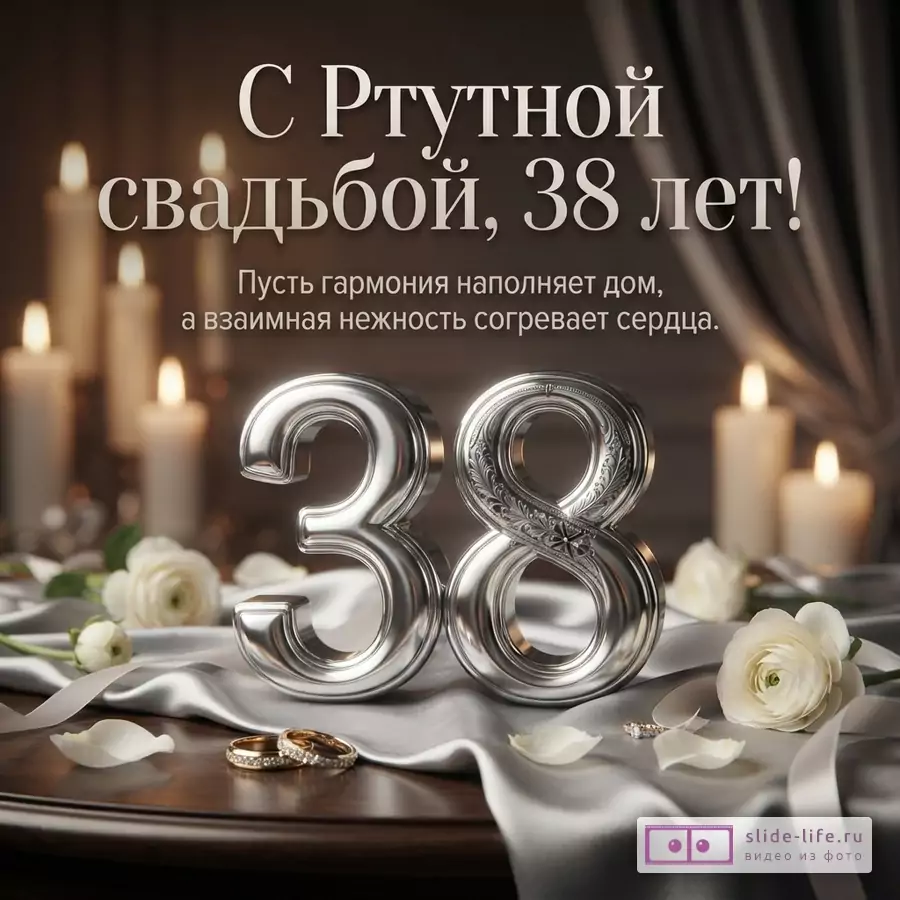 Темный фон, свечи, белые розы, серебристая ткань, золотые кольца, серебряные цифры «38». Текст: «С Ртутной свадьбой, 38 лет! Пусть гармония наполняет дом, а взаимная нежность согревает сердца.»