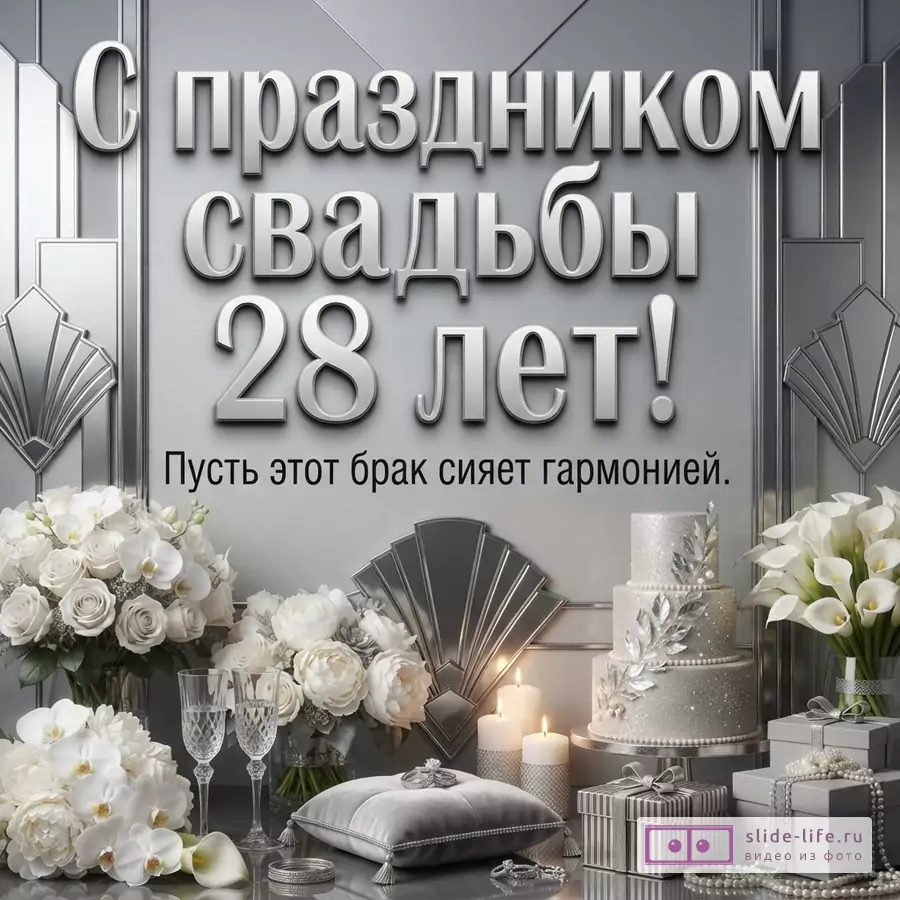 Серебристо-серый фон, крупная надпись «С праздником свадьбы 28 лет!», ниже текст «Пусть этот брак сияет гармонией.», белые цветы, свечи, торт и подарочные коробки