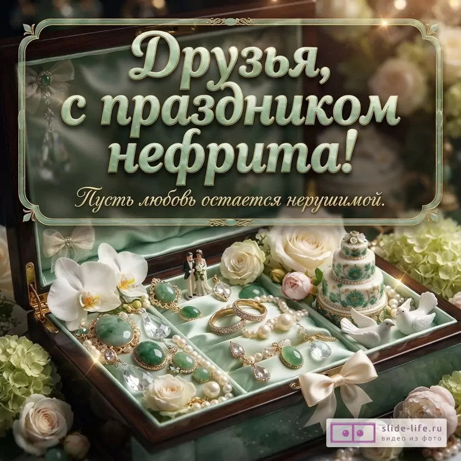 Зеленая открытка с деревянной шкатулкой, цветами, украшениями, жемчугом, фигурками голубей и свадебным тортом. Текст «Друзья, с праздником нефрита! Пусть любовь остается нерушимой.»