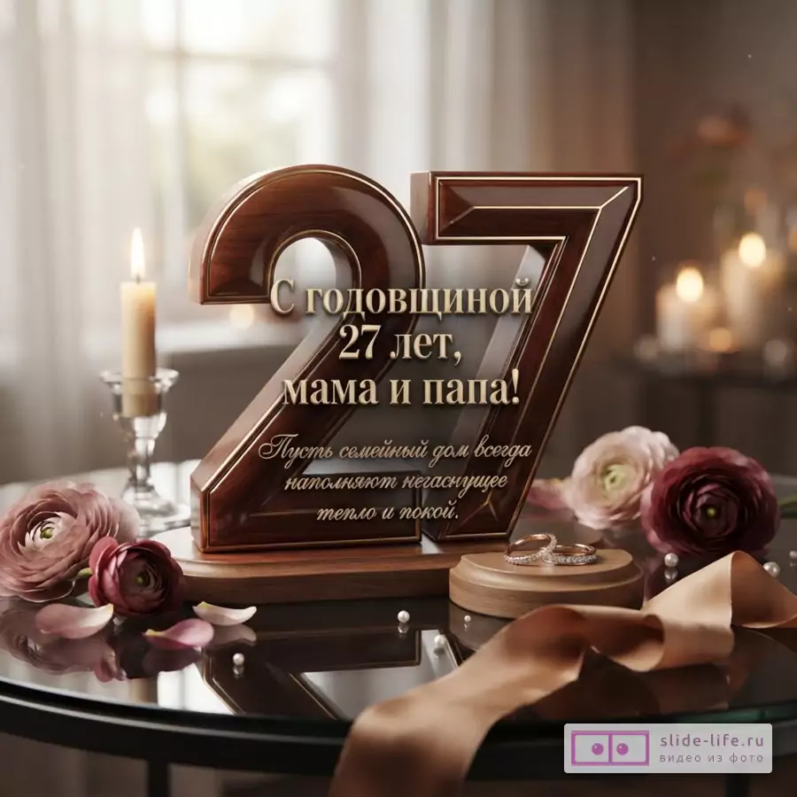 Фон размытый, светлый. На переднем плане цифры «27» из дерева с золотой окантовкой. Слева свеча в подсвечнике, справа цветы и обручальные кольца. Текст «С годовщиной 27 лет, мама и папа! Пусть семейный дом всегда наполняют негаснущее тепло и покой.»