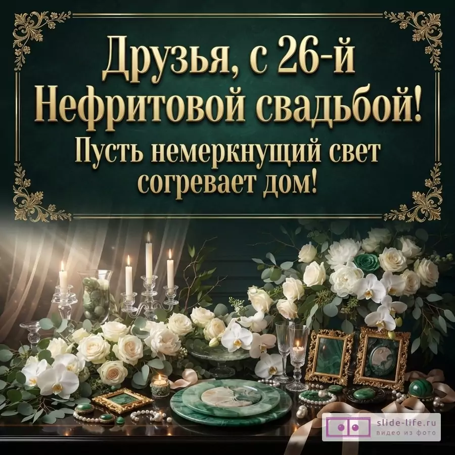 Темно-зеленый фон в золотой рамке, белые розы, орхидеи, свечи, нефритовые тарелки и надпись «Друзья, с 26-й Нефритовой свадьбой! Пусть немеркнущий свет согревает дом!».