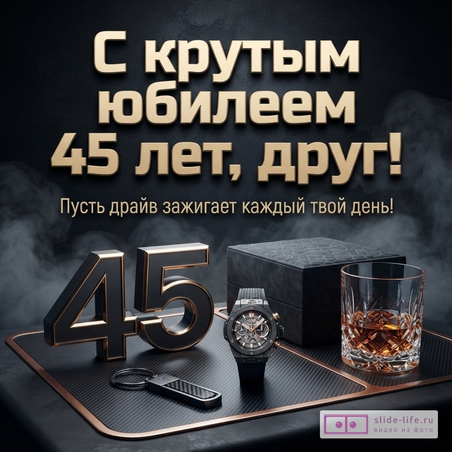 Черный фон, золотые буквы, текст «С крутым юбилеем 45 лет, друг! Пусть драйв зажигает каждый твой день!». Объемные цифры 45, часы, брелок, стакан виски, подарочная коробка.