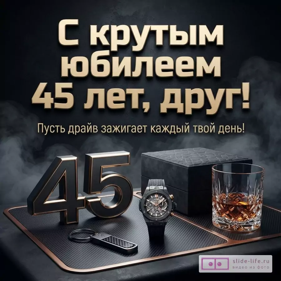 Черный фон, золотые буквы, текст «С крутым юбилеем 45 лет, друг! Пусть драйв зажигает каждый твой день!». Объемные цифры 45, часы, брелок, стакан виски, подарочная коробка.