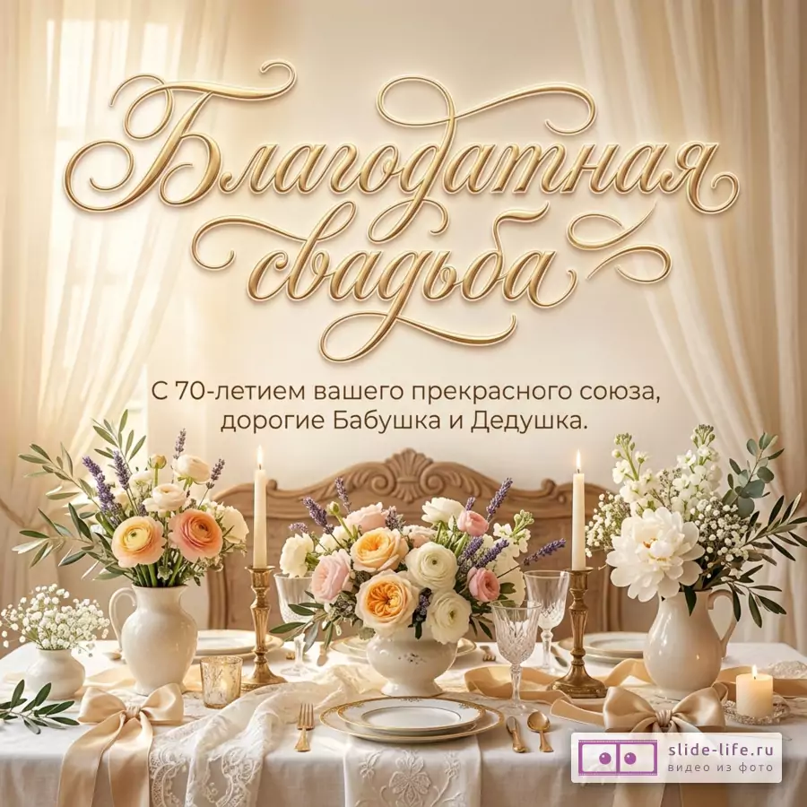 Праздничная открытка в бежево-кремовых тонах с сервированным столом, свечами, цветочными композициями и текстом «Благодатная свадьба С 70-летием вашего прекрасного союза, дорогие Бабушка и Дедушка.»