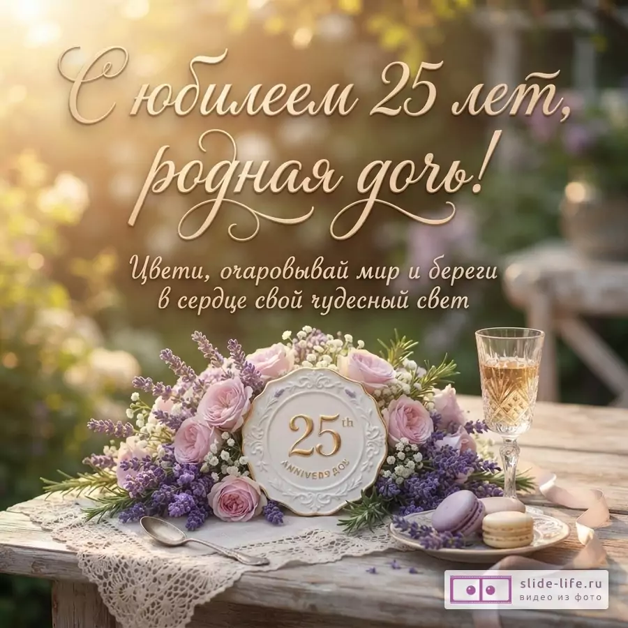 Светлый садовый фон, букет роз и лаванды, бокал, макаронс, медальон 25th. Текст: «С юбилеем 25 лет, родная дочь! Цвети, очаровывай мир и береги в сердце свой чудесный свет»