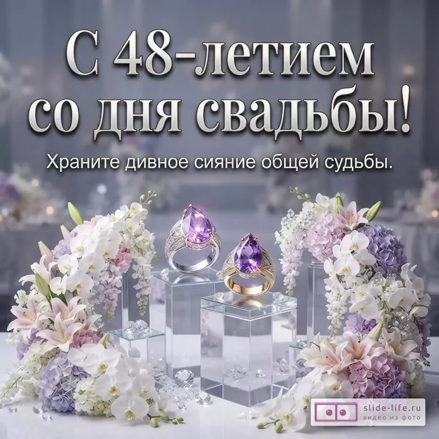 Светло-серый фон, белые и сиреневые цветы, четыре кольца с фиолетовыми камнями. Текст: «С 48-летием со дня свадьбы, 48 лет! Храните дивное сияние общей судьбы»
