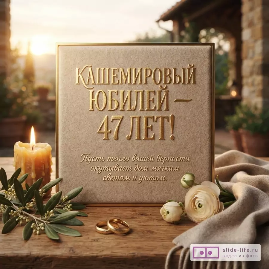 Бежевая открытка с золотой рамкой на деревянном столе. На открытке текст «Кашемировый юбилей — 47 лет! Пусть тепло вашей верности окутывает дом мягким светом и уютом.». Рядом горящая свеча, оливковая ветвь, два обручальных кольца, белые цветы и бежевый плед.