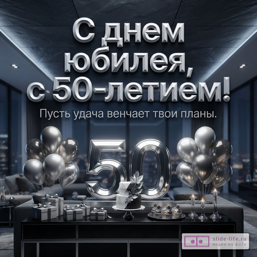 Открытка с черным фоном, на котором изображена комната с панорамными окнами. В центре надпись «С днем юбилея, с 50-летием! Пусть удача венчает твои планы.». Внизу на столе стоят серебряные цифры «50», воздушные шары, подарки, торт и кексы.
