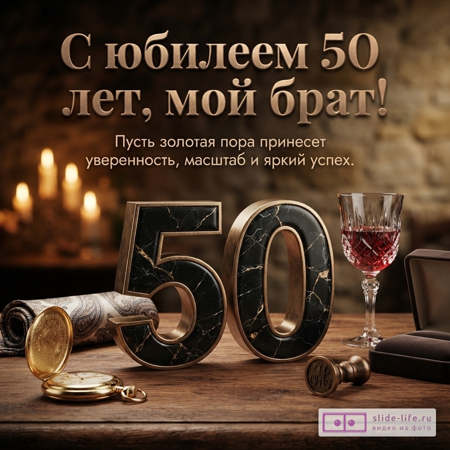 Темный фон, свечи, деревянный стол. На столе цифры «50» из черного мрамора с золотыми прожилками, бокал красного вина, золотые карманные часы, свернутая ткань с узором, печать. Текст: «С юбилеем 50 лет, мой брат! Пусть золотая пора принесет уверенность, масштаб и яркий успех.»