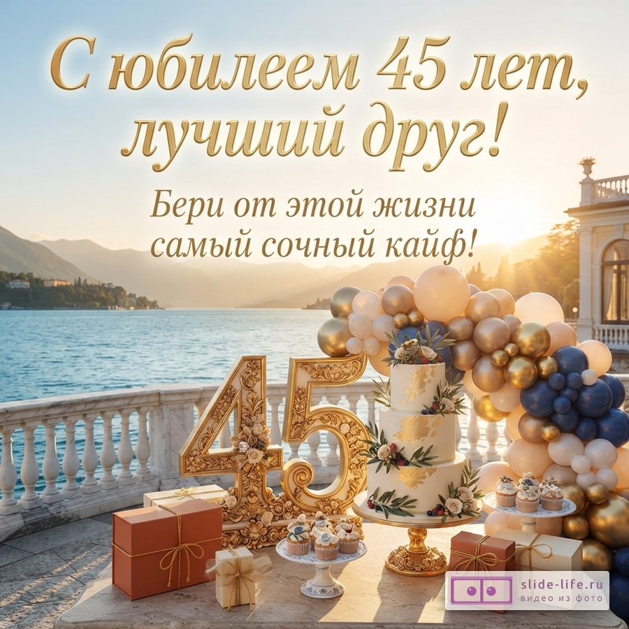 Открытка с юбилеем 45 лет другу на фоне моря и гор, закат. На переднем плане цифры «45», торт, кексы, подарки, арка из шаров. Текст: «С юбилеем 45 лет, лучший друг! Бери от этой жизни самый сочный кайф!»