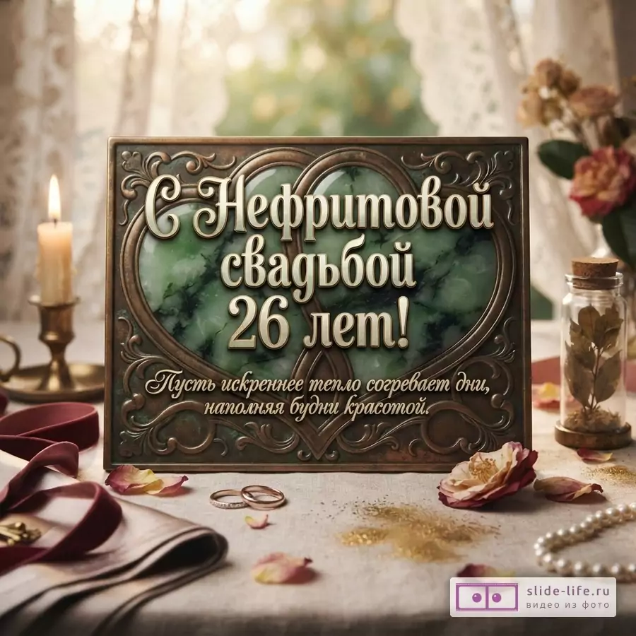 Бежево-зеленая открытка с бронзовой рамкой, мраморным зеленым фоном, свечой, кольцами и цветами. Текст: «С Нефритовой свадьбой 26 лет! Пусть искреннее тепло согревает дни, наполняя будни красотой.»