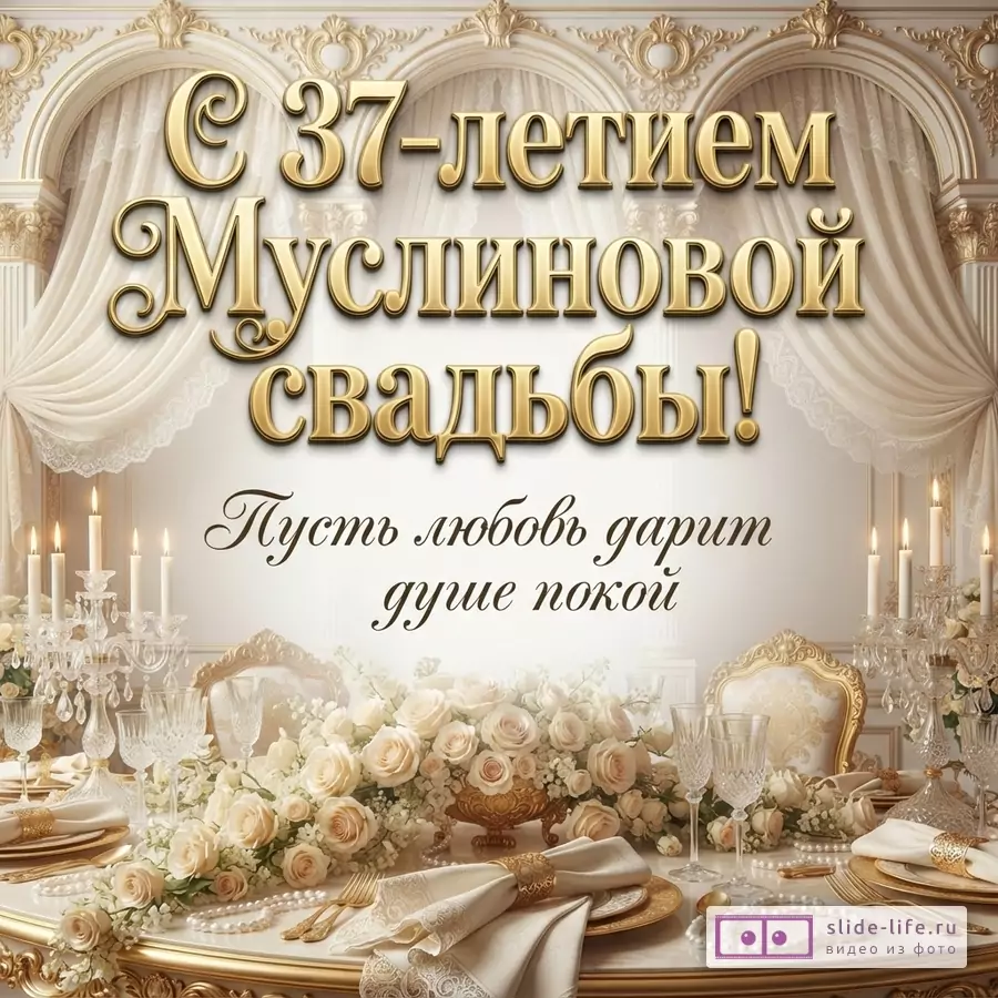 Бежевый фон, золотые арки, белые шторы, накрытый стол с белыми розами и свечами. Текст: «С 37-летием Муслиновой свадьбы! Пусть любовь дарит душе покой»