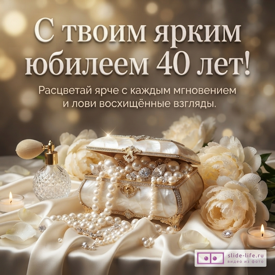 Открытка с юбилеем 40 лет на золотисто-бежевом фоне с боке. В центре изображения шкатулка с жемчугом и драгоценностями, рядом флакон духов, белые пионы и горящие свечи. Текст: «С твоим ярким юбилеем 40 лет! Расцветай ярче с каждым мгновением и лови восхищённые взгляды.»