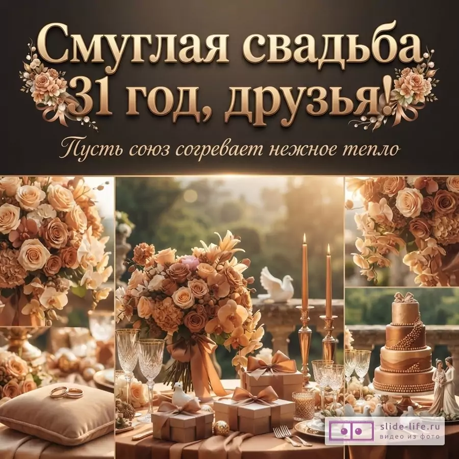Открытка на смуглую свадьбу, фон тёмно-коричневый, золотые буквы «Смуглая свадьба. 31 год, друзья! Пусть союз согревает нежное тепло», цветочные композиции по углам
