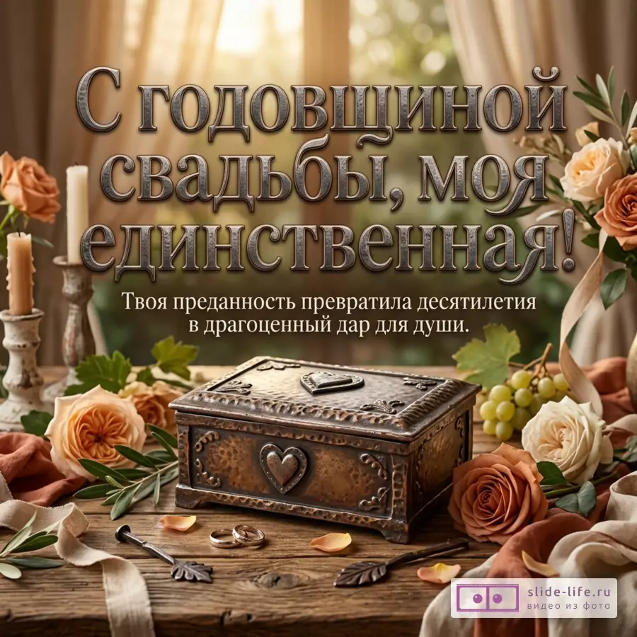 Бежевая и коричневая открытка с розами, свечами, виноградом, бронзовой шкатулкой с сердцем и кольцами, текст «С годовщиной свадьбы, моя единственная! Твоя преданность превратила десятилетия в драгоценный дар для души.»