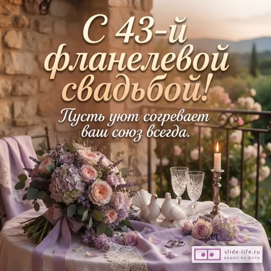 Открытка с бежевым текстом на фоне террасы с видом на горы. На столе букет цветов, два бокала, свеча, фигурки голубей и обручальные кольца. Текст: «С 43-й фланелевой свадьбой! Пусть уют согревает ваш союз всегда.»